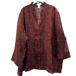 Drapers & Damons Women's Top Blouse‎ Plux 3X Red Black Velvet Burnout Button Up